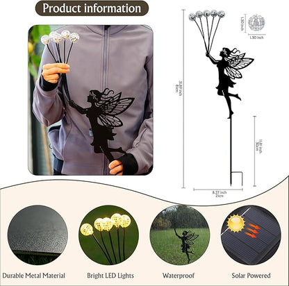 Solar Fairy Garden Stake - 5 Glowing Glass Crackle Orbs Metal Silhouette - Waterproof Outdoor Decorative Lights for Pathway, Yard, Patio - Unique Gardening Gifts for Women/Mom(Fairy)