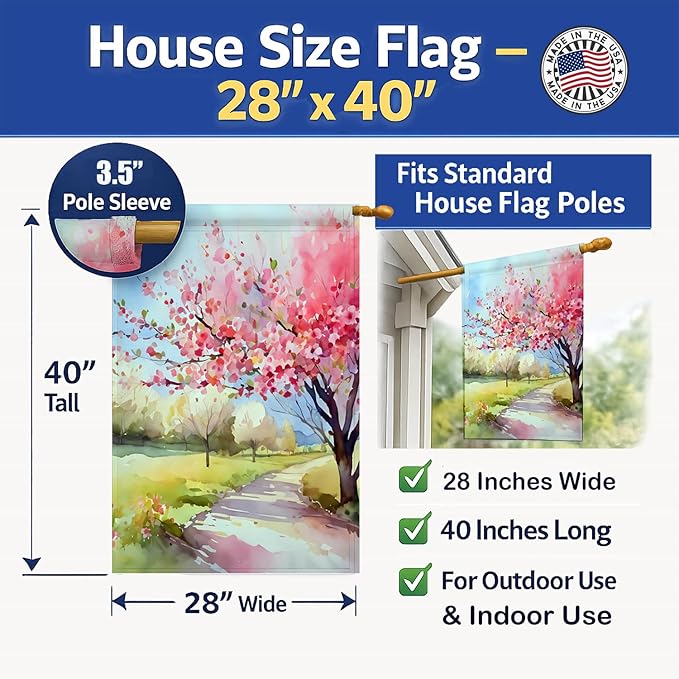 Caroline's Treasures Michigan Apple Blossoms in Watercolor House Flag Large Porch Sleeve Pole Decorative Outside Yard Banner Artwork Wall Hanging, Polyester, House Size, Multicolor