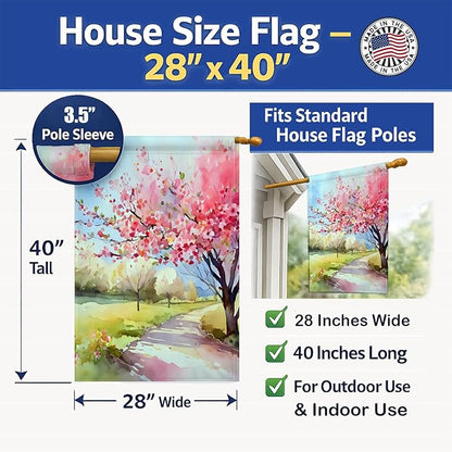 Caroline's Treasures Michigan Apple Blossoms in Watercolor House Flag Large Porch Sleeve Pole Decorative Outside Yard Banner Artwork Wall Hanging, Polyester, House Size, Multicolor