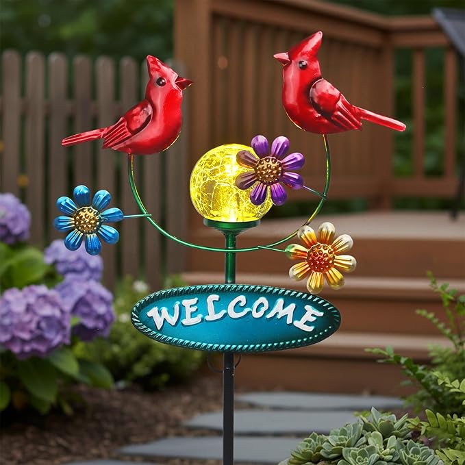Solar Garden Stakes Metal Welcome Signs for Outside 29.5', 2 Flying Cardinals with Cracked Glass Ball,Decorative Garden Stakes for Lawn, Patio, Cardinal Gifts for Women