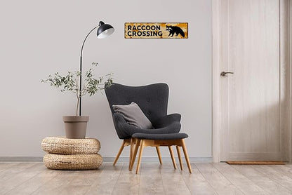 WSUPBPR Funny Metal Sign Decor Raccoon Crossing Road Signs Warning Sign Outdoors Wall Fence Forest Decor coffee Bar Art 16x4 in