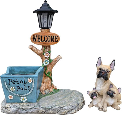 20" Solar Bulldog Family Garden Statue with Welcome Sign & Planter - Large Dog Sculpture with LED Street Lantern - Weatherproof Resin Decorative Flower Pot for Porch, Yard & Patio - Pet Lover Gift