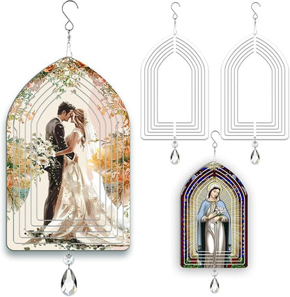 4Pack 8inch Sublimation Wind Spinner Blanks 3D Aluminum Metal Wind Sculpture Kinetic Spinners for Yard and Garden Indoor Art Ornaments Hanging Decoration (Cathedral Window)