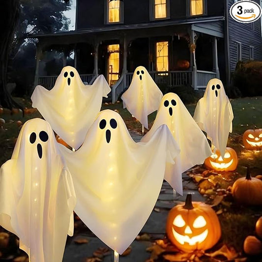 3-Pack Ghost Solar Powered Halloween Decorations Outdoor, Auto On/Off, Solar Halloween Lights for Garden Pathway Porch Yard Walkway Lawn Party Decor, 8 Modes & Waterproof Outdoor Halloween Decorations