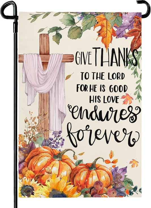 Thanksgiving Garden Flag 12x18 Inch Double Sided Give Thanks to The Lord Cross Yard Garden Flags Burlap Outdoor Fall Pumpkins Flag Holiday Decorations for Outside Home