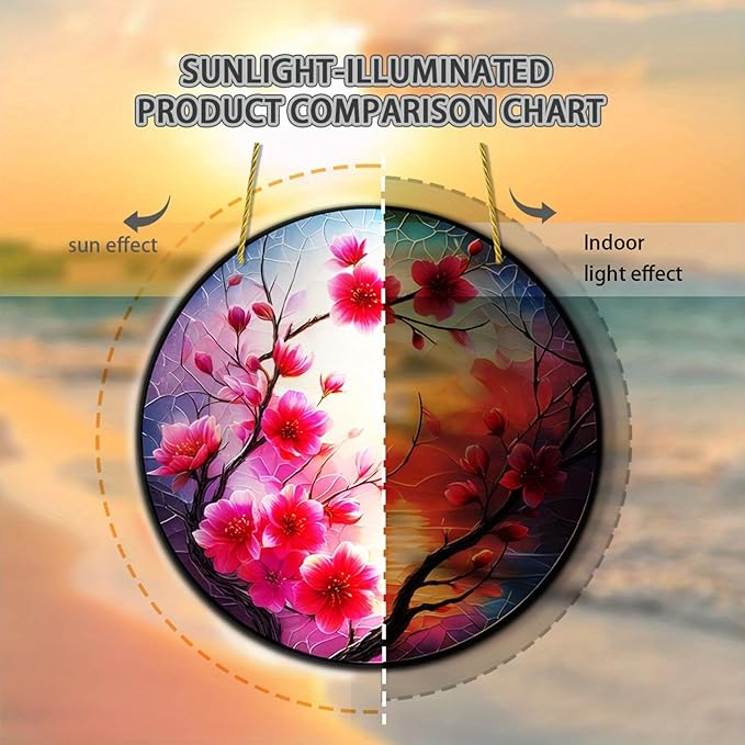 Banax Stained Glass Window Hanging Sunrise Suncatcher, 8 Inch Round Plum Blossom Glass Sun Catcher for Window Wall Art for Home, Patio, Porch, Outdoor Garden Décor Gift