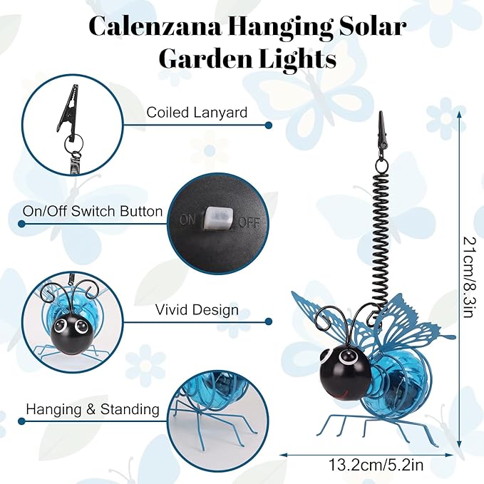 Calenzana Blue Butterfly Outdoor Solar Garden Light, Waterpoof Hanging Solar Light for Yard Patio Backyard Porch, Gifts for Women Mom Grandma