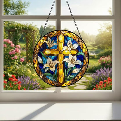 Cross Stained Glass Suncather for Window Hanging with Lily Flowes, 7.9'' Golden Christian Cross Ornament Gift for Women, Religious Wall Art Home Decor Gifts for Mom, Grandma (Golden, 7.9'')