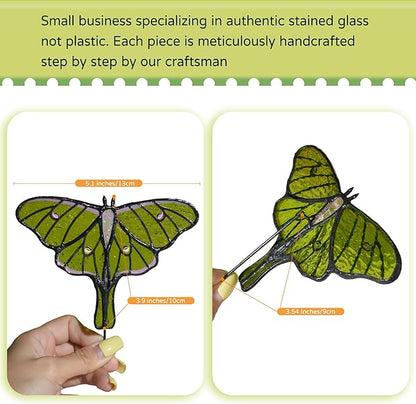 Lolitarcrafts Stained Glass Butterfly Suncatcher-Monarch or Luna Moth Design for Indoor and Outdoor Plant Decoration,Colorful Glass Plant Pot Ornament, Plant Lovers Gifts (Green Luna Moth)