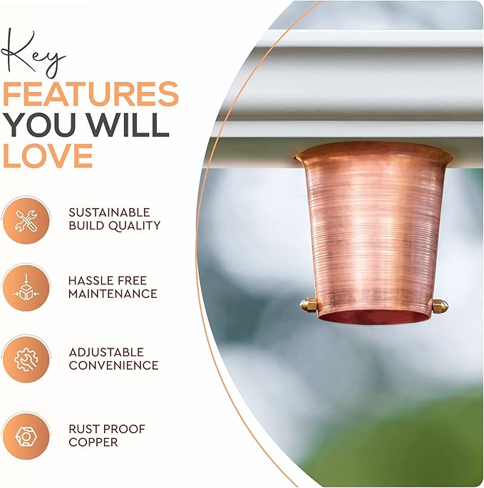Copper Gutter Adapter with Rain Chain Hanger Clip for Decorative Chimes, Cups & Bells Serves as 2 Inch Rain Chain Installer for Downspout Outlet & Water Diverter for Gorgeous Fountain Display
