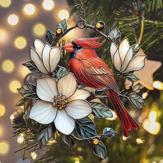Vivid Cardinal Floral Tiffany Acrylic Suncatcher Stained Glass Effect Window Car Hanging Christmas Ornament Indoor Outdoor Decor Garden Sun Catcher Panel for Cardinal Lover for Women Mom Grandma