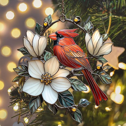 Vivid Cardinal Floral Tiffany Acrylic Suncatcher Stained Glass Effect Window Car Hanging Christmas Ornament Indoor Outdoor Decor Garden Sun Catcher Panel for Cardinal Lover for Women Mom Grandma