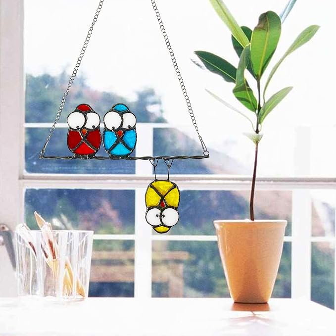 Double-Side High Stained Glass Suncatcher Panel, Multicolor Owls Suncatcher for Windows Doors Room Home Decoration Hummingbird Ornamentand Gifts for Bird Lovers Owl Gifts for Mom,Grandma(red)