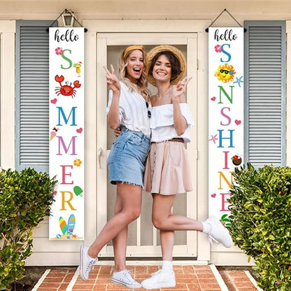 Lofaris Hello Summer Porch Sign Banner Hello Sunshine Party Decorations Beach Hanging Flag Summer Vacation Holiday Party Decor Yard Front Door Supplies