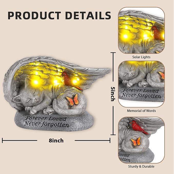 Cat Memorial Stones with Solar Angel Wing Cardinal Butterfly 8 Inch, Sleeping Cat Grave Markers Outdoor Waterproof Pet Loss Sympathy Gift for Garden or Tombstone Statue