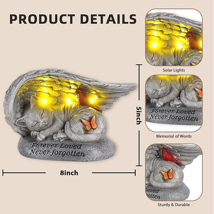 Cat Memorial Stones with Solar Angel Wing Cardinal Butterfly 8 Inch, Sleeping Cat Grave Markers Outdoor Waterproof Pet Loss Sympathy Gift for Garden or Tombstone Statue