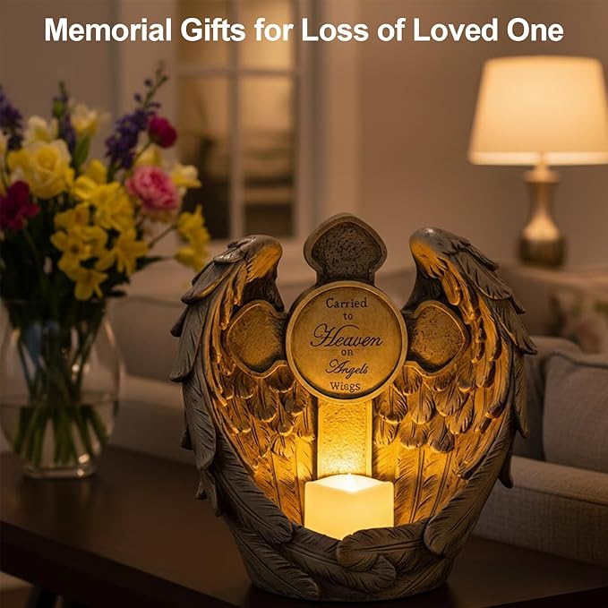 12" Angel Wings Memorial Statue with Cross & LED Candle, Bereavement Condolence Gift, Remembrance Garden Figurine Decor, Waterproof Garden Sculpture Sympathy Gifts for Women, Mom, Grandma, Lover