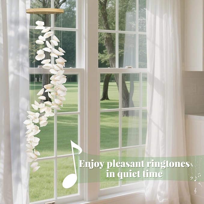 White Seashells Wind Chimes for Outside, Handmade Spiral Shape Beach Style Shells Windchime for Patio and Garden Hanging Decor, Beach & Coastal Decor, Sunroom Decoration, Ocean Themed Party
