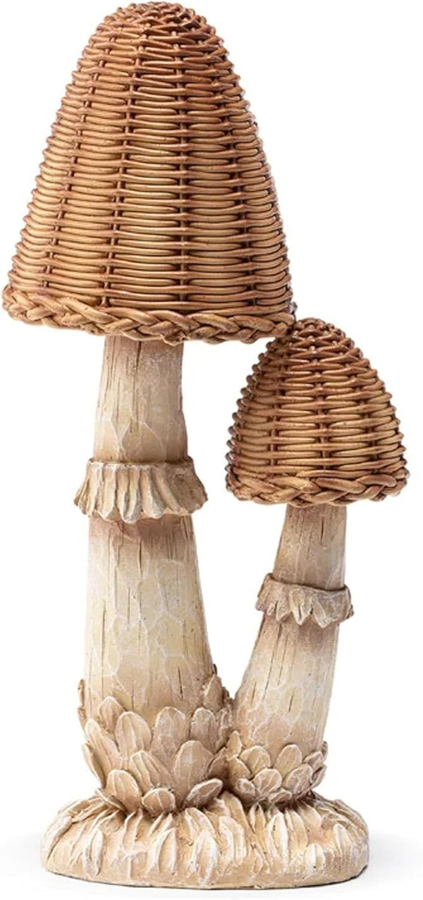 Napco Double Cap Woven Wicker Mushroom Woodland 12 x 5.5 x 4.5 inches Tan and Brown Resin Stone Collectible Figurine Statue Sculpture, Indoor Outdoor Garden Décor