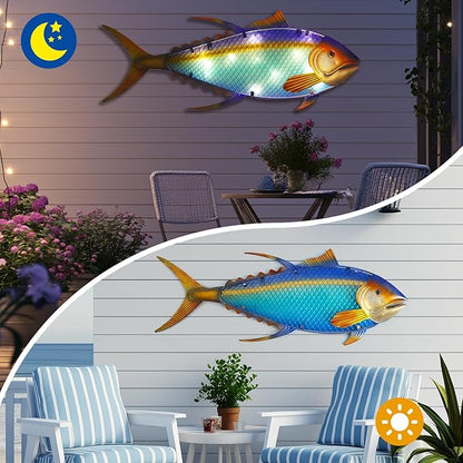 LIFFY Metal Fish Wall Decor,36" Large Tuna Wall Art with Led Lights,Indoor Outdoor Mounted Nautical Hanging Decorations for Home Garden Patio,Gift for Coastal Decor & Ocean Lover