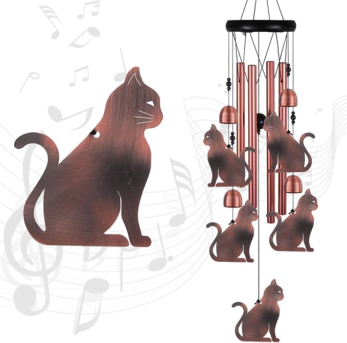 Cat Wind Chimes for Garden, Gifts for Mom, Home, Balconies, Rooms, Patio, Indoor, Outdoor Cat Decoration, Aluminum Cats Chimes, Cats Wind Catcher, Red Copper Cats Wind Bells, Cats Wind Chimes Decor