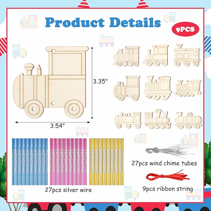 9Pack DIY Wind Chime Kit for Kids, Train Theme Wooden Arts and Painting Crafts Hanging Ornaments for Indoor Outdoor Activity Home Garden Patio School Classroom Christmas Xmas Birthday Gift