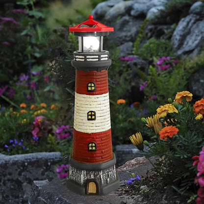 Solar Rotating Lighthouse Outdoor Lantern Garden Decor Resin Street Light - Red