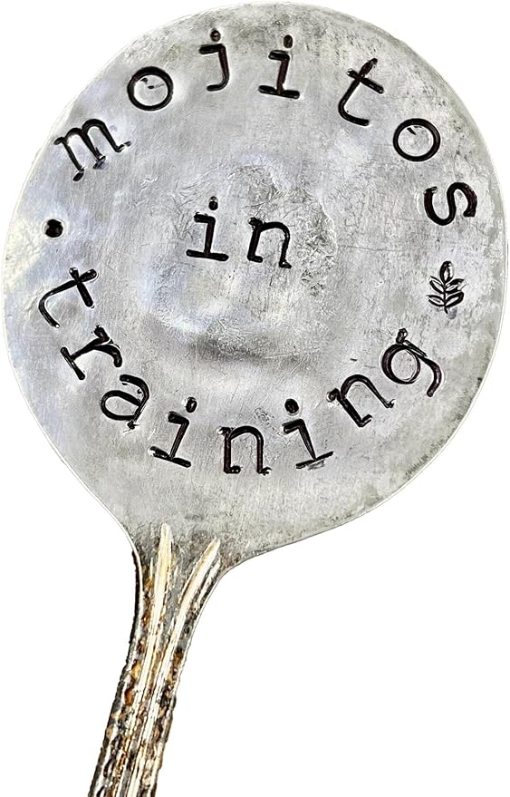 Herb Marker, Mint Funny Saying, Mojitos in Training, Hand Stamped on Silver Plate Gumbo Spoon, Garden Marker to Stick in Potted herb Plant