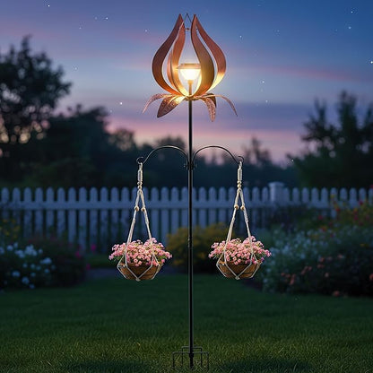Multi-Functional Yard Wind Spinners with Solar Lights Outdoor Garden,YNGFIL Large Ornaments Outdoor with Double Shepherds Hooks and Coconut Fiber Liner Hanging Planters (83 in)