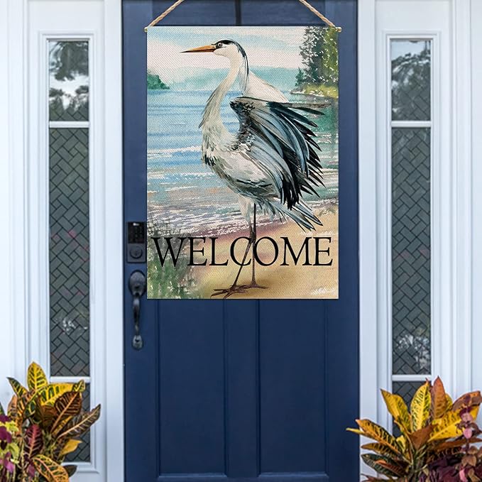 Furiaz Welcome Spring Summer Seabird Coastal Beach Large Decorative House Flag, Blue Heron Yard Bird Sea Lake Ocean Home Outside Decoration, Nautical Tropical Outdoor Decor Double Sided 28x40