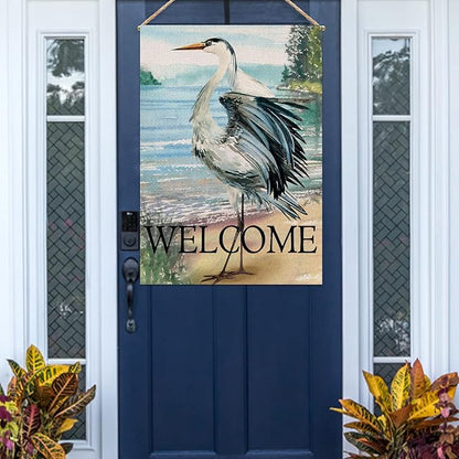 Furiaz Welcome Spring Summer Seabird Coastal Beach Large Decorative House Flag, Blue Heron Yard Bird Sea Lake Ocean Home Outside Decoration, Nautical Tropical Outdoor Decor Double Sided 28x40
