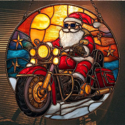 Cool Retro Santa Riding Motorcycle Mosaic Acrylic Suncatcher Stained Glass Effect Window Car Hanging Christmas Ornament Indoor Outdoor Decor Garden Sun Catcher Panel for Women Mom Grandma