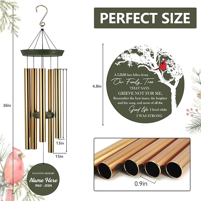 ASTARIN Wind Chimes Outdoor for The Loss of Mom Dad, Personalized Customized WindChimes for Loss of Loved One, Memorial Wind Chime as Sympathy Gift, Home Garden Patio Décor, 36''(Produced in USA)