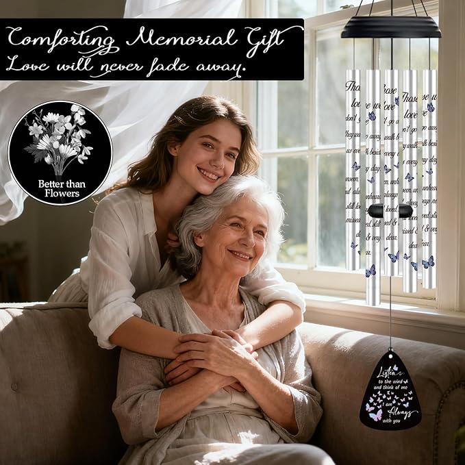 32'' Memorial Wind Chimes for Outside Butterfly Sympathy Wind Chimes Memorial Gift for Loss of Loved One Mother Father Husband Bereavement Chimes