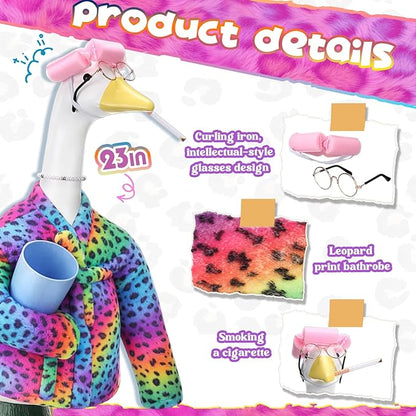 23 Inch Porch Goose Statue Outfits Set Neon Rainbow Leopard Porch Goose Bathrobe Costumes with Clothes & Accessories for Patio Yard Garden Lawn Outdoor Decoration