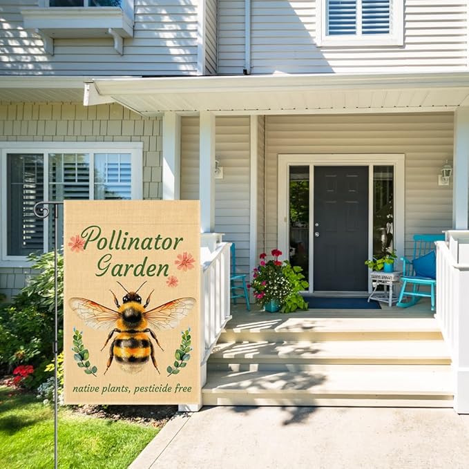 Perfectinsoy Pollinator Garden with Native Plants Pesticide Free Garden Flag, No Mow Sign, Pollinator Friendly Garden Sign, Welcome Yard Farmhouse Spring Outdoors Decor, Bee Lover Gifts for Gardeners