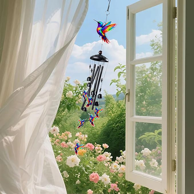 Hummingbird Wind Chimes for Outside, Black Metal Acrylic Windchimes Outdoors, Hummingbird Gifts for Women Men, Garden Yard Decor, Memorial/Birthday Gifts for Grandma Mom, Durable Chimes for Outdoors