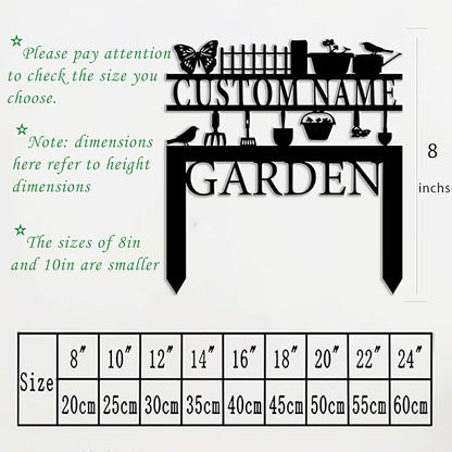 Personalized Garden Signs,Custom Wrought Iron Lawn Signs with Butterflies and Weeding Tools-Insertable Metal Art for Outdoor, Courtyard,and Flower Bed Decor-Custom Outdoor Plaques
