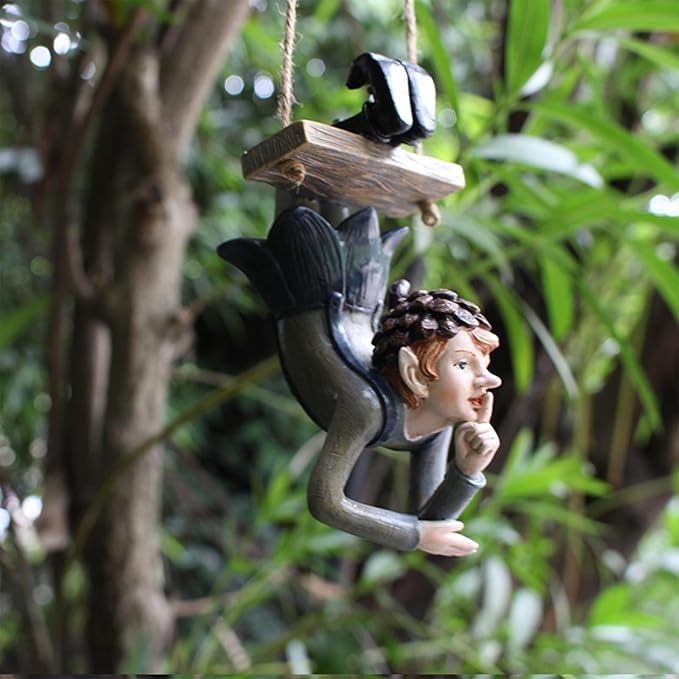 Swinging Fairy Garden Statue, Resin Hanging Ornament for Outdoor Trees, Patio and Yard Decor All Weather Fairy on a Swing Figurine for Fantasy Garden Displays (Brown)