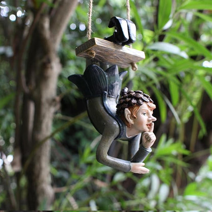 Swinging Fairy Garden Statue, Resin Hanging Ornament for Outdoor Trees, Patio and Yard Decor All Weather Fairy on a Swing Figurine for Fantasy Garden Displays (Brown)