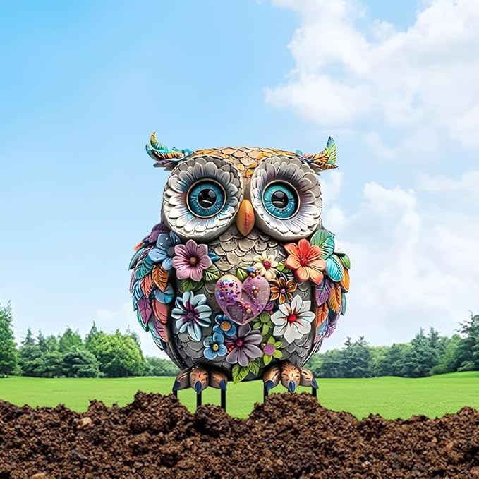 Garden Stake Decor, Acrylic 2D Flat Cute Animal Statue, Fairy Sculptures Ornament Indoor Outdoor Yard Lawn Pot Plant Decorative Accessories (Bohemian owl)