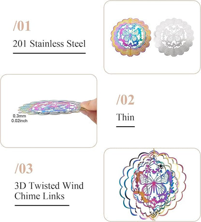Stainless Steel Reflective Wind Spinners Outsides 3D Butterfly Wind Chimes Gradient Etched Metal Embellishments for Outdoor Indoor Garden Hanging Decor 2Pcs
