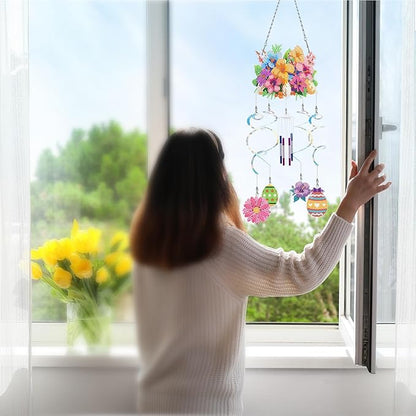 DIY Wind Chime Pendant Spring 3D Diamond Art Painting Hanging Ornament Double Sided Diamond Suncatchers for Window Home Backyard Garden Wall Door Decor-Flowers