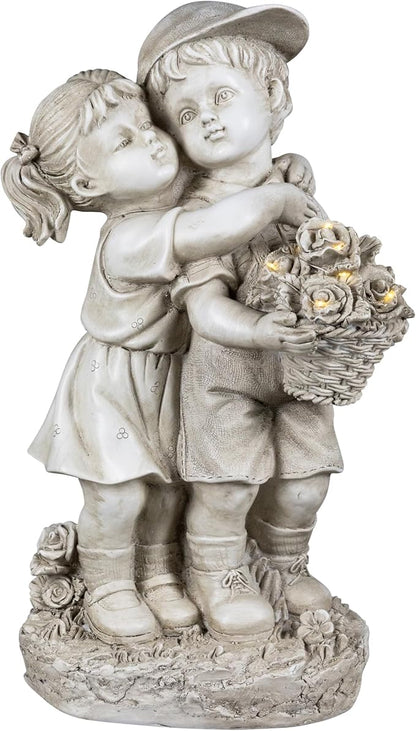 Northlight Solar Lighted Hugging Girl and Boy Outdoor Garden Statue - 16"