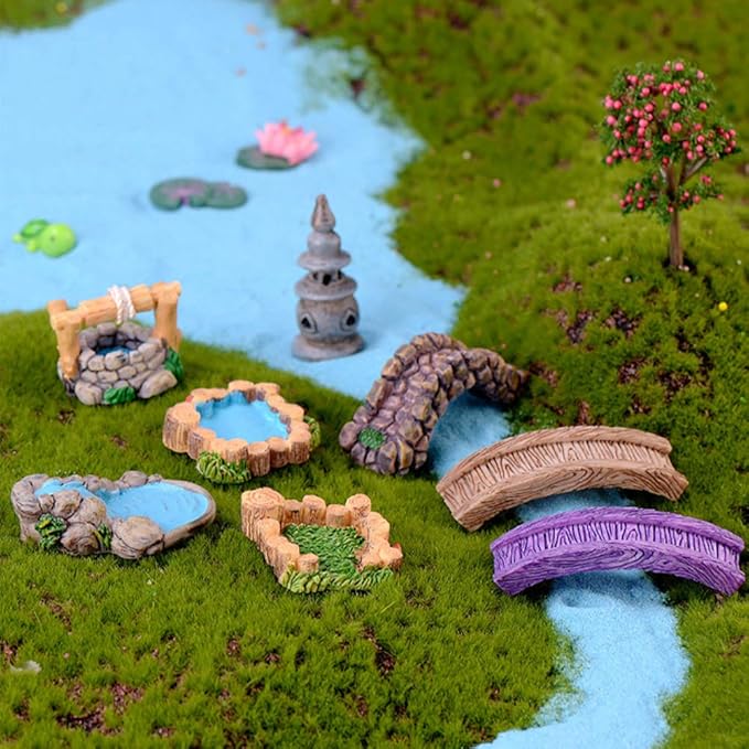 MAOMIA 8 Pcs Mini Lighthouse Water Well Bridge Figurines Miniature Gardening Pool Lawn Running Water Terrarium Stone Bridge Figurine Micro Landscape Indoors Outdoors Decorative Accessory