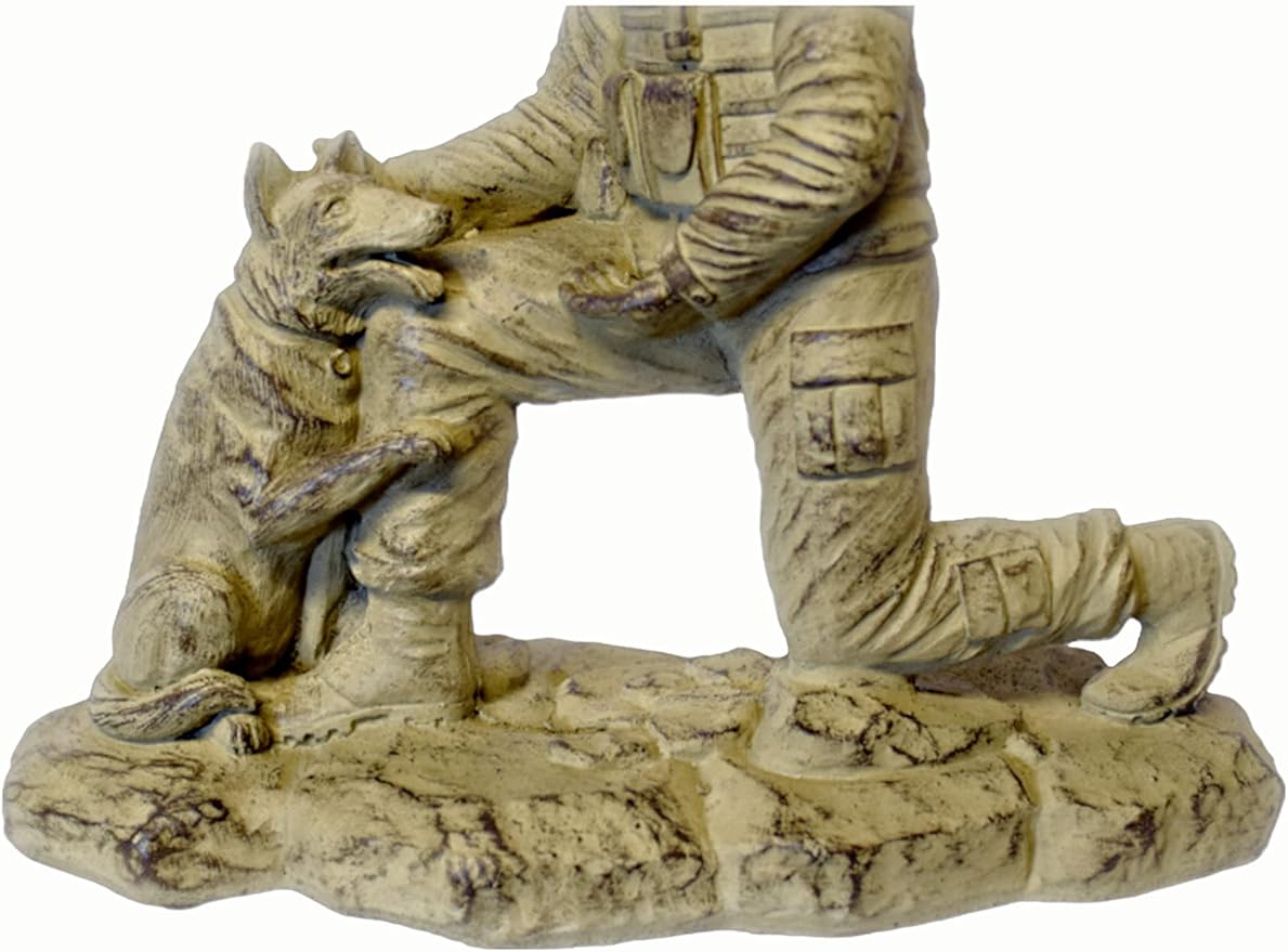 Kneeling Soldier with Dog Stone Statue 18in Tall Desert Sand Brown Color