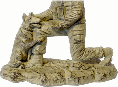 Kneeling Soldier with Dog Stone Statue 18in Tall Desert Sand Brown Color