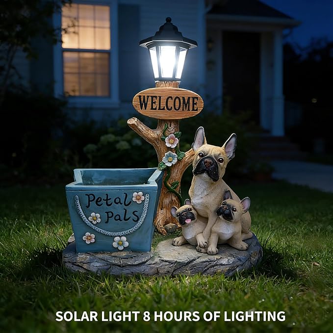20" Solar Bulldog Family Garden Statue with Welcome Sign & Planter - Large Dog Sculpture with LED Street Lantern - Weatherproof Resin Decorative Flower Pot for Porch, Yard & Patio - Pet Lover Gift