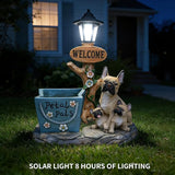 20" Solar Bulldog Family Garden Statue with Welcome Sign & Planter - Large Dog Sculpture with LED Street Lantern - Weatherproof Resin Decorative Flower Pot for Porch, Yard & Patio - Pet Lover Gift