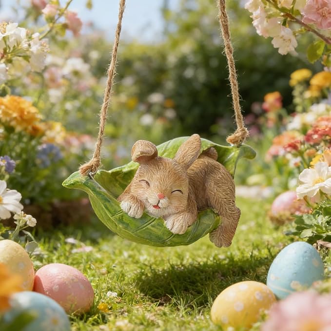 Rabbit Garden Décor Hanging Statue - Bunny Décor Hanging on Tree Branch Rabbit Swing Statue Bunny Easter Tree Décor Outdoor Ornaments Resin Sculpture Yard 4.96 * 2.3 * 2.3 Inch
